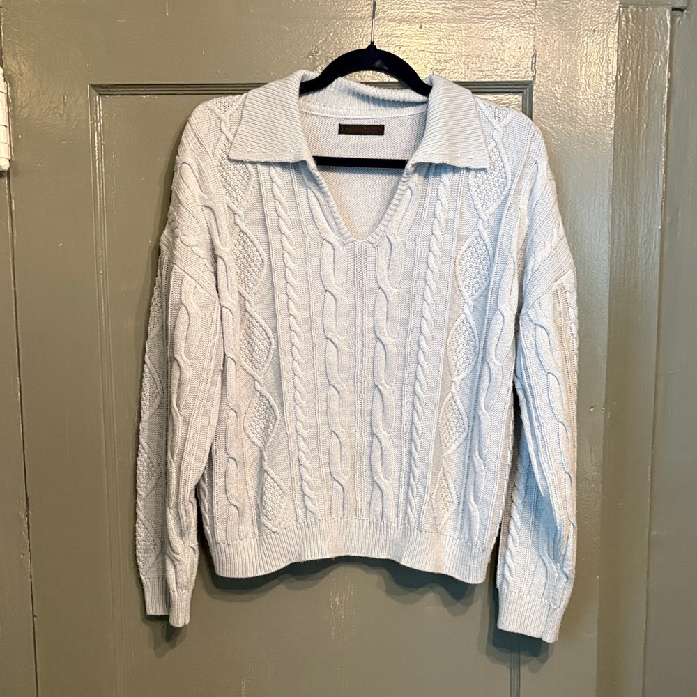 Elegant V-Neck Cable Knit Sweater in Light Blue